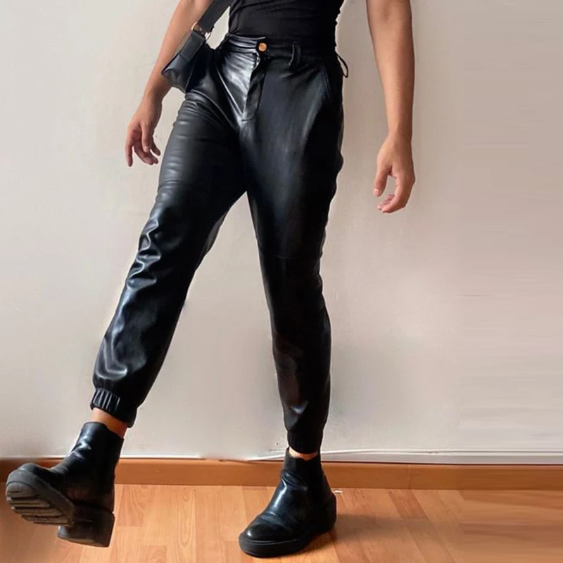 Description Picture 3 of item2023 Men Pants Solid Joggers Button PU Leather Autumn Trousers Men Pockets Streetwear Fashion Casual Pantalon S-5XL INCERUN