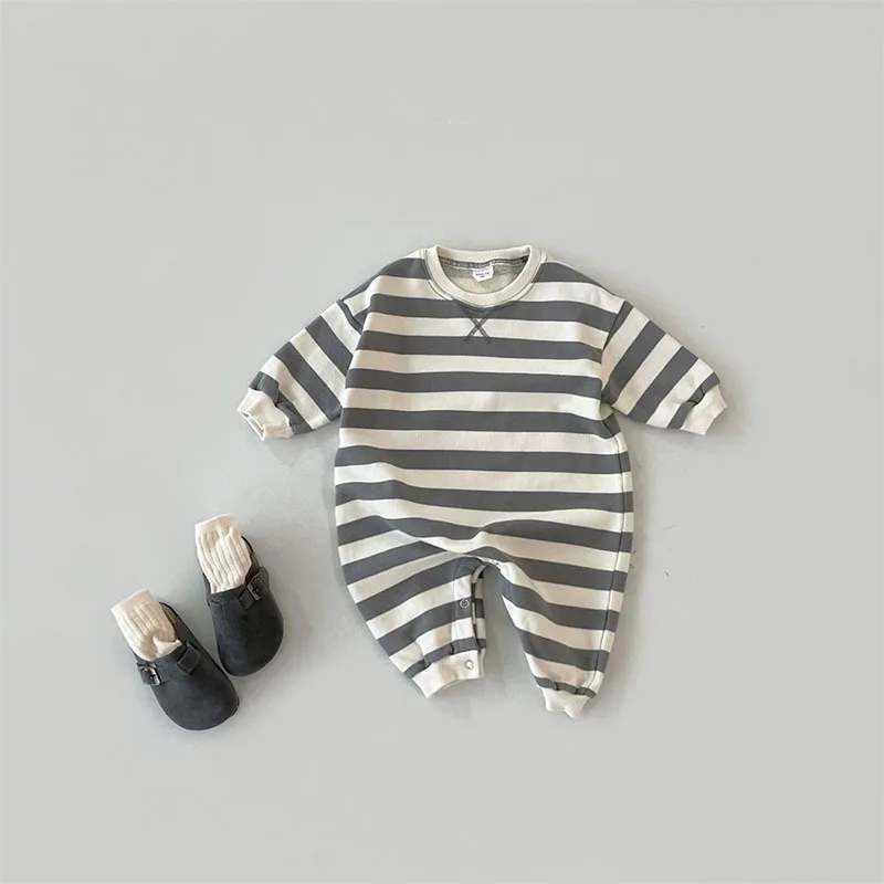 2023 코튼 스트라이프 단색 풀오버 점프수트, 한국 봄 가을  소년 복장