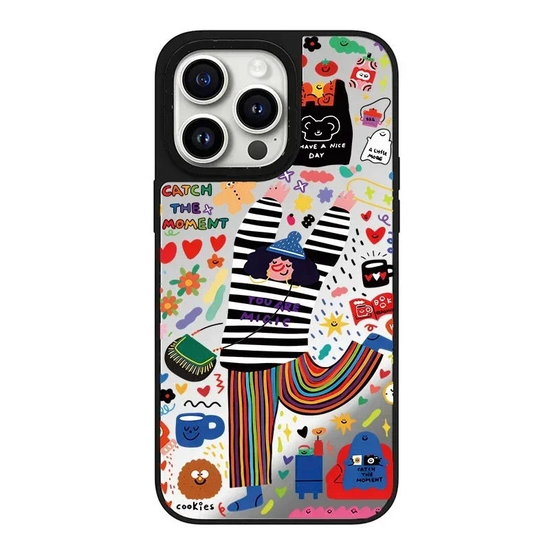 

Mirror Surface Illustration Happy Girl Phone Case Cover for iPhone 11 12 13 14 15 Pro Max Case for iPhone 15 ProMax