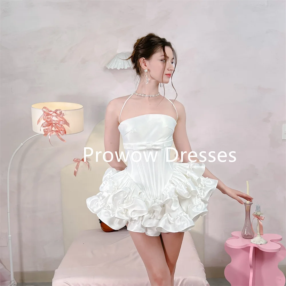 Prowow Sexy Ivory Puffy Mini Prom Cocktail Dresses Pleats Satin Ruffles A Line Wedding Party Dress Halter Formal Gown