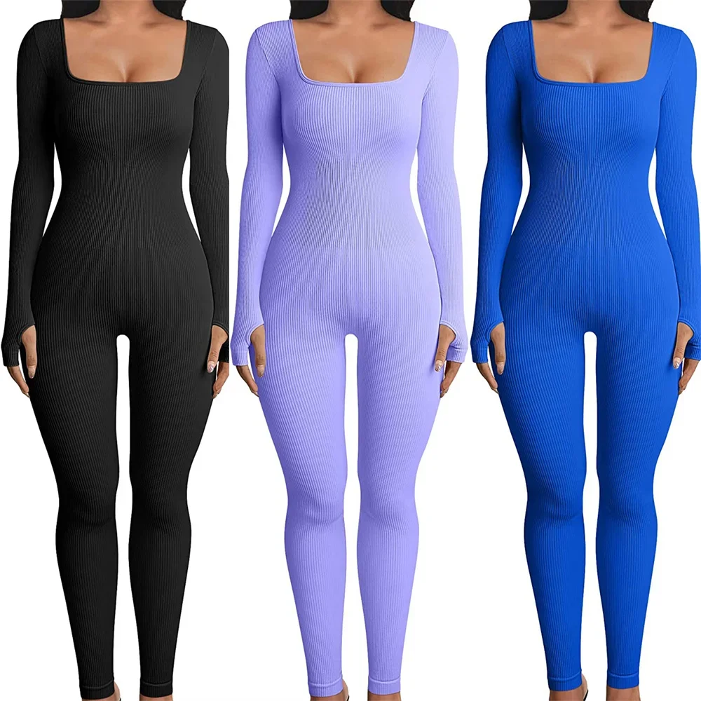 

Women Skinny Jumpsuit Solid Color Ribbed Knit Long Sleeve Square Neck Bodycon Jumpsuit Romper Work Out Sport Yoga Playsuits