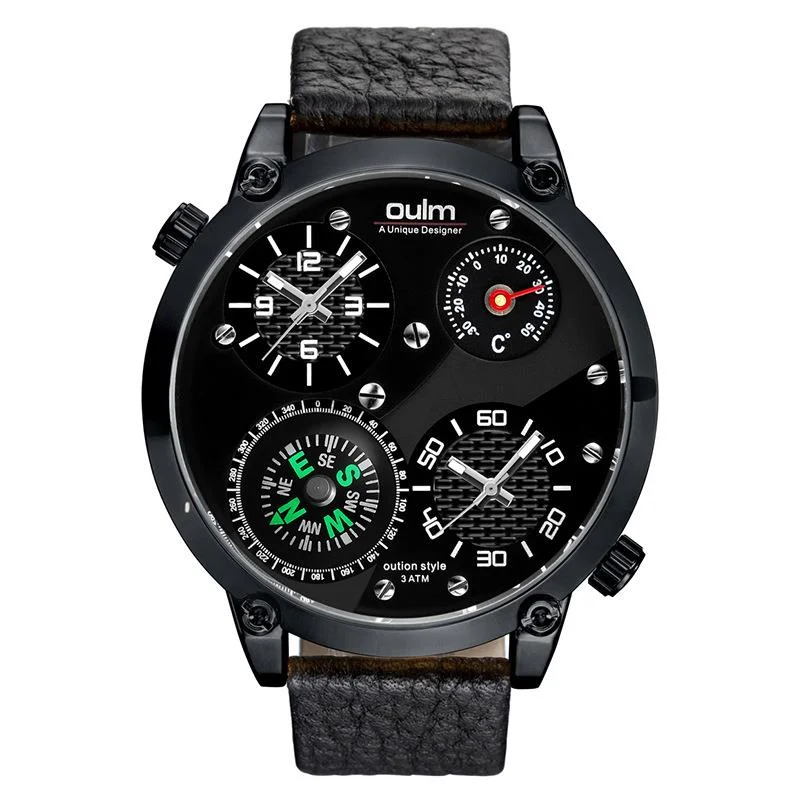 Quartz Watch For Men Tough Guy Thermometer Big Size Large Dial Men's Watch Double Time Zone Compass Leather Relogios Masculino
