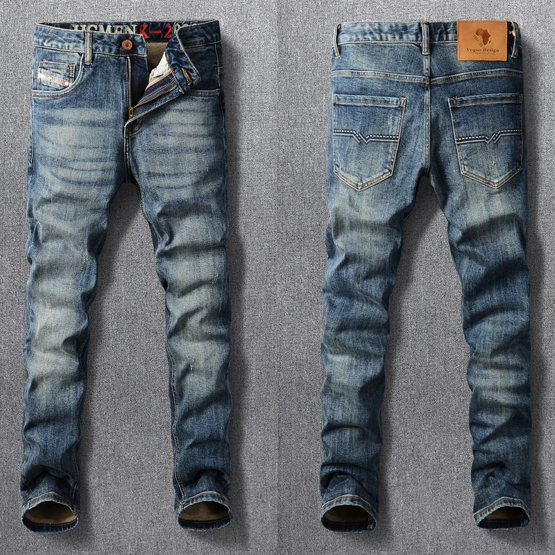

European Vintage Fashion Men Jeans Retro Blue Elastic Slim Fit Ripped Jeans Men Embroidery Designer Casual Denim Pants Hombre