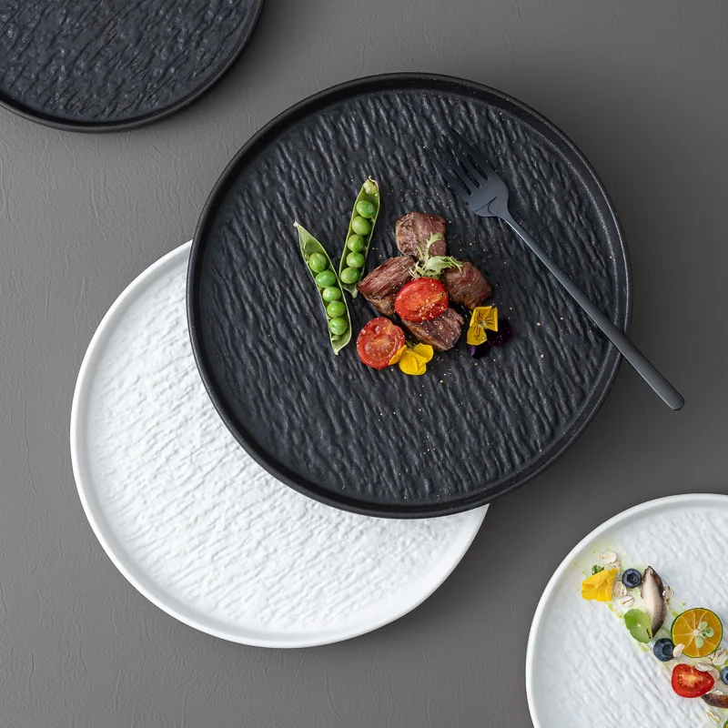 White/Black Ceramic Dishes Stone Rexture Porcelain Serving Plate Round Western Steak Tray Snack Cake Dessert Deep Dinner Plate