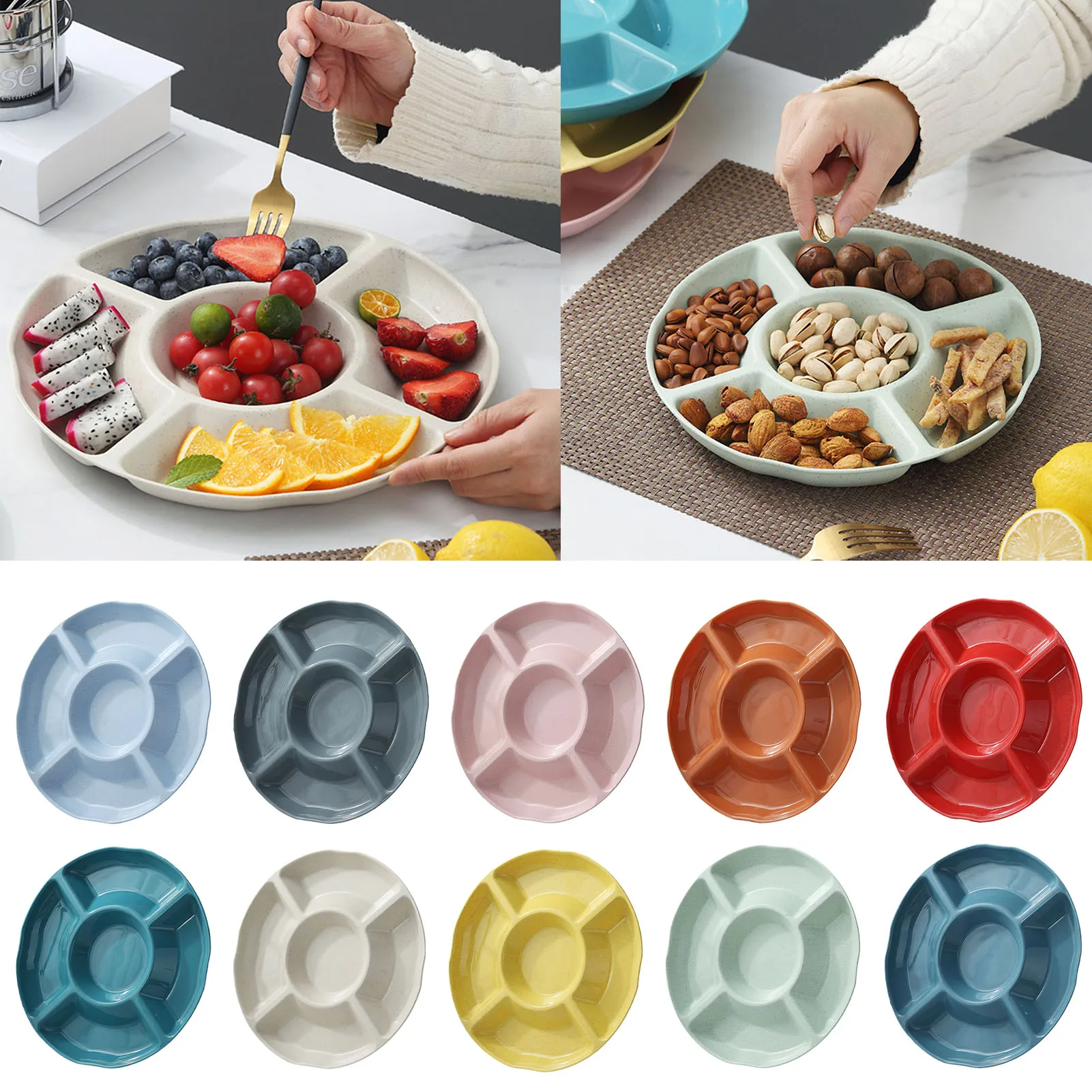 

Round Fruit Holder Capacity Round Candy Plate with 5 Compartments Multi-purpose Snack Fruit Nut Food Serving Tray for Kitchen