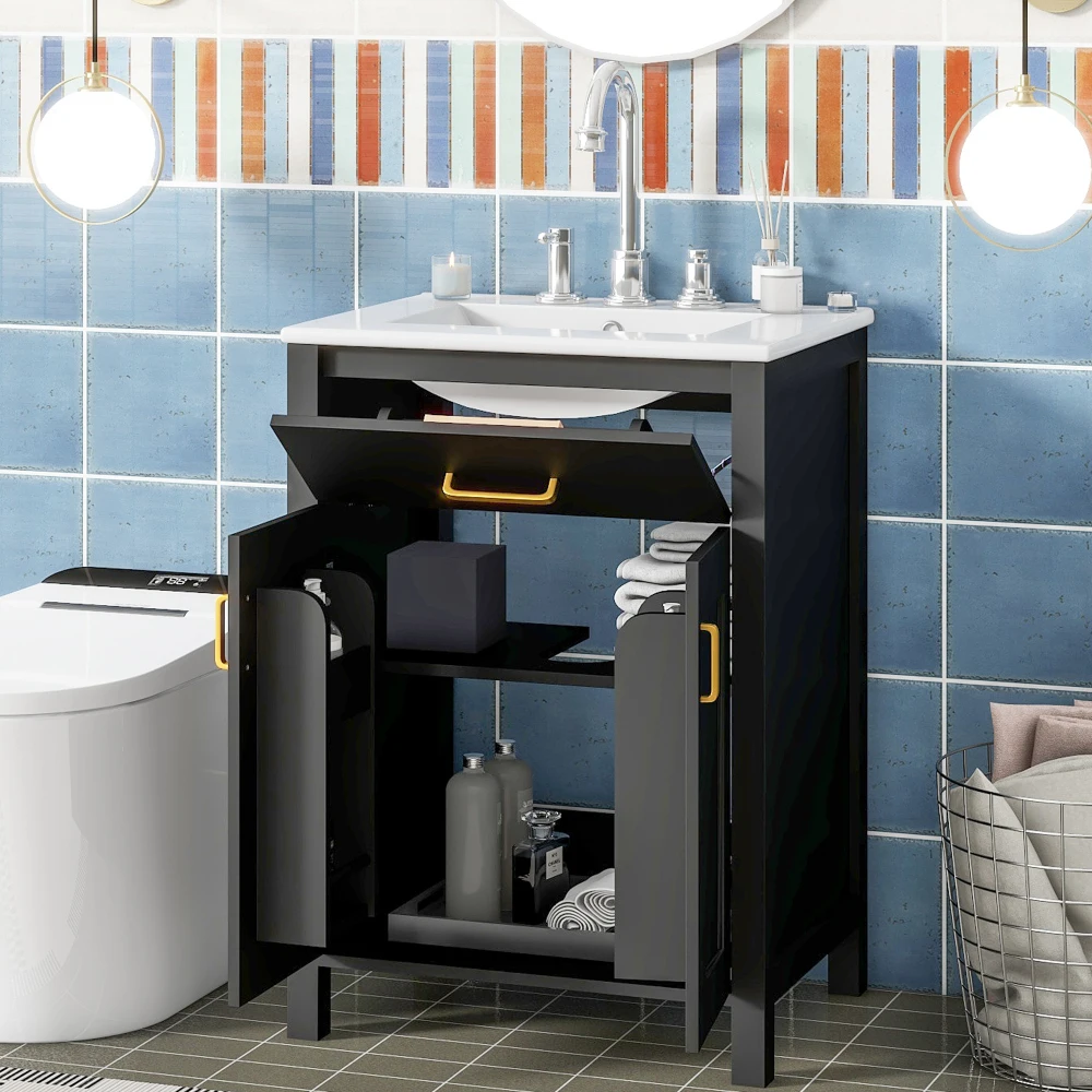 24"Bathroom Vanity Combo with Ceramic sink, Luxurious Space-Saving Vanity-W24"*D18"*H34"inch, 2 Soft Close Doors