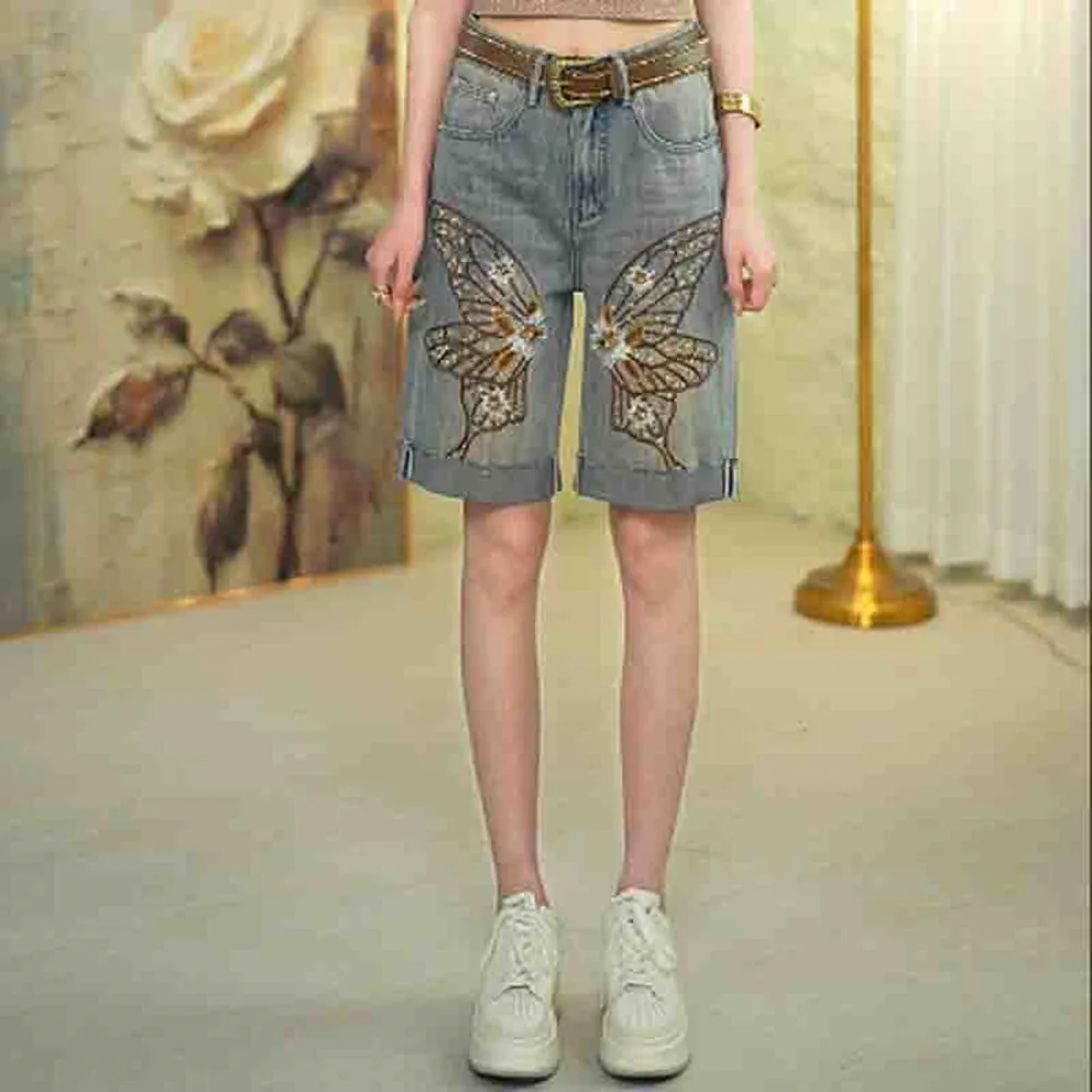 

Женские джинсовые шорты, прямые джинсовые брюки с высокой талией и вышивкой бабочки, лето 2024