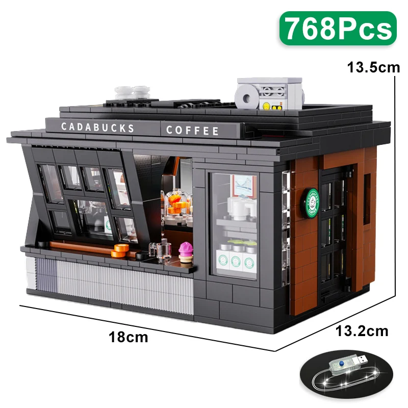 City 768Pcs Coffee Shop House With Led Lights Model Building Blocks Street View Cafe Store Assemble Bricks Toys Kids Adult Gift