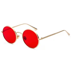 Gold Round Metal Frame Sunglasses - Retro Summer Style with Red, Yellow, Pink, or Black Lenses, Unisex Design (As Picture)