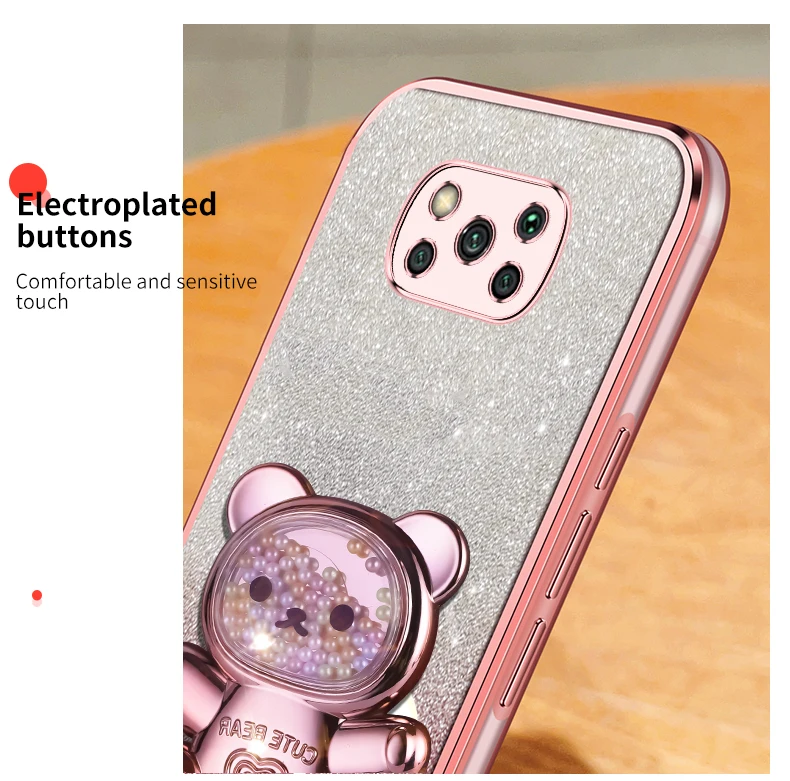pokox3 x5 Quicksand Bear Glitter Holder Phone Case On For Xiaomi Mi Poco X5 GT NFC X3 M4 M3 M2 Pro Stand Cover F4 F5 F2_voghion.com