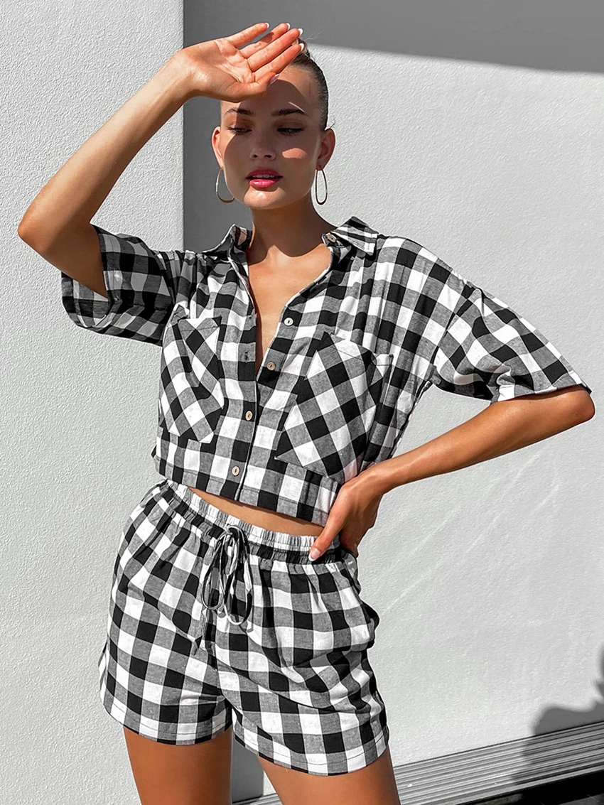 Marthaqiqi Plaid Women Sleepwear Set Half Sleeve Pajamas Crop Top Nightwear Turn-Down Collar Nightie Shorts Ladies Pyjamas Suit
