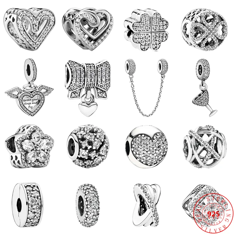 

Fit Original Pandora Charms Bracelet DIY Jewelry 925 Silver Wings Clover Snowflake Bows Clear Zircon Pave Sparkling Hearts Beads
