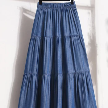 Qooth Women Patchwork Denim Color Pleated Skirt Elegant Elastic Waist Silk Long A-line Skirt For Autumn QT2158