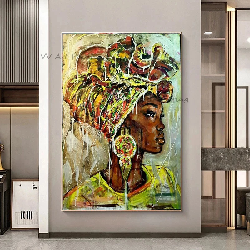

Woman 100%Handmade Portrait Oil Painting Acrylic Canvas Art African Woman Large Earings Picture for Home Decoration No Framed