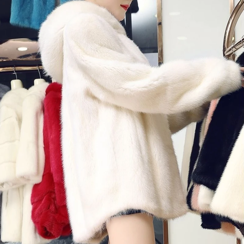 Faux Fur Coat for Women, Mid Length Version, Loose Hooded Outwear, Thicken Warm Imitation Mink Fur, Monochromatic Top, New, 2024