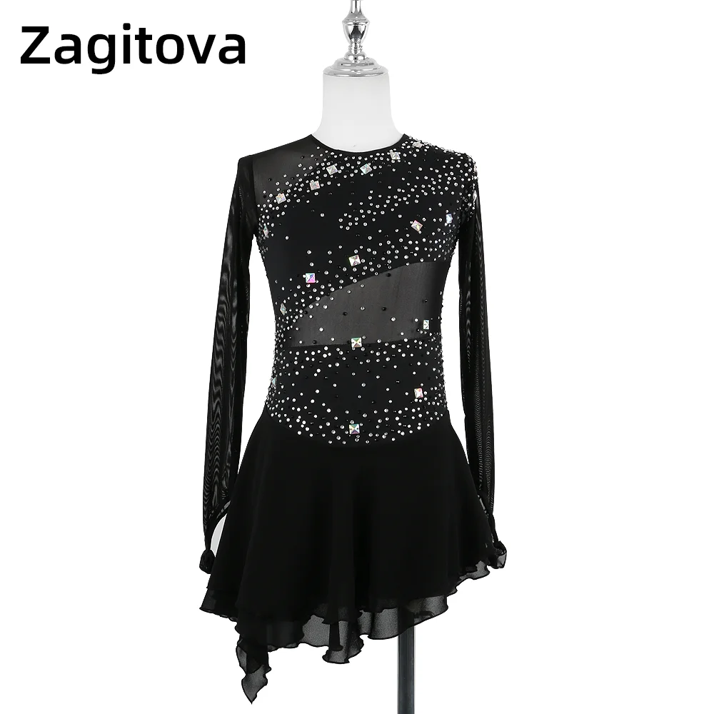 

ZAGITOVA Figure Skating Dress For Women Girls Long Sleeve Ice Figure Skating Clothes Black Many Colors Hollow Out Rhinestones