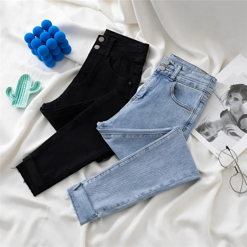 

Spring New Double-Button High Waist Skinny jeans Women Fashion elastic Denim Pants Female Slim Pencil Nine Points Pants H2440