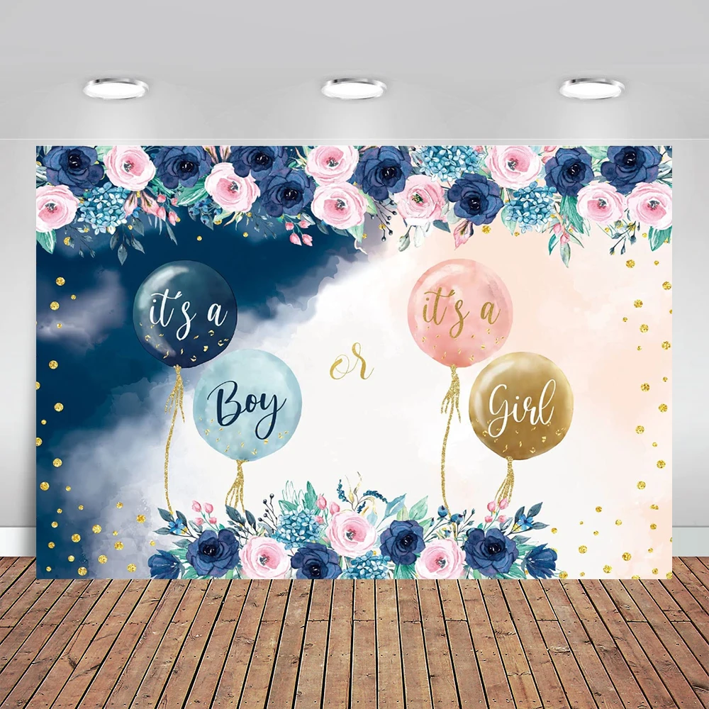 Boy Or Girl Gender Reveal Backdrop Navy And Blush Gender Reveal Flowers Balloons Pregnancy Reveal Baby Shower Backdrop