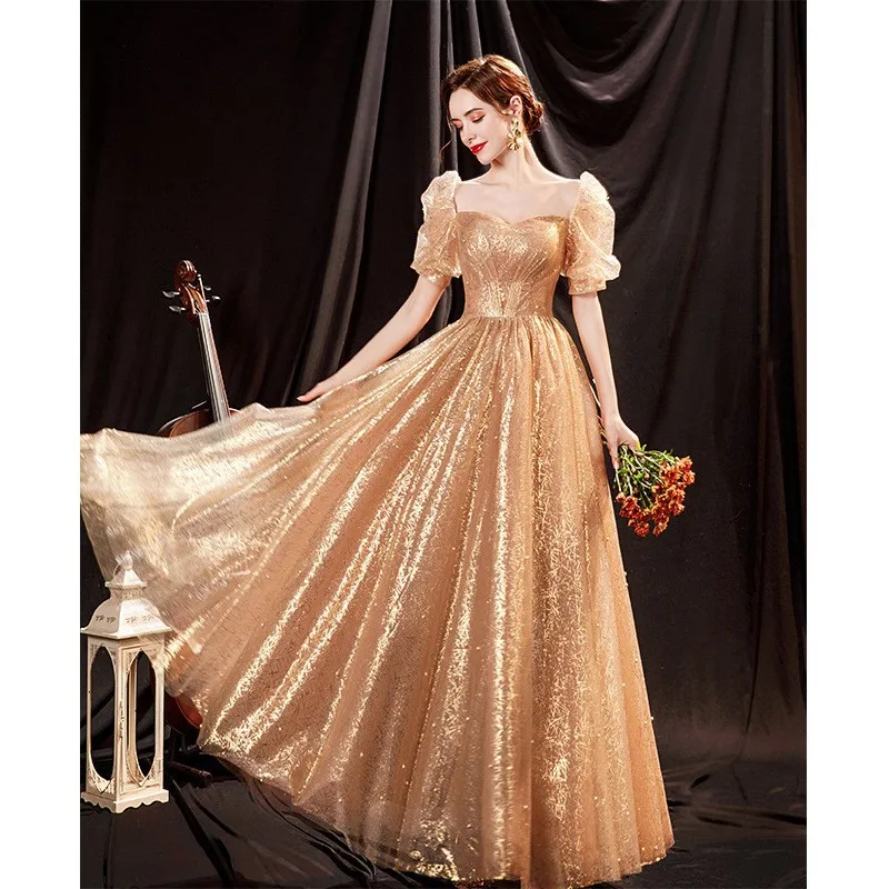 

Gold Evening Dress Simple Square Collar Puff Sleeve Beading A-Line Floor-Length Elegant Temperament Prom Dresses Banquet Wear
