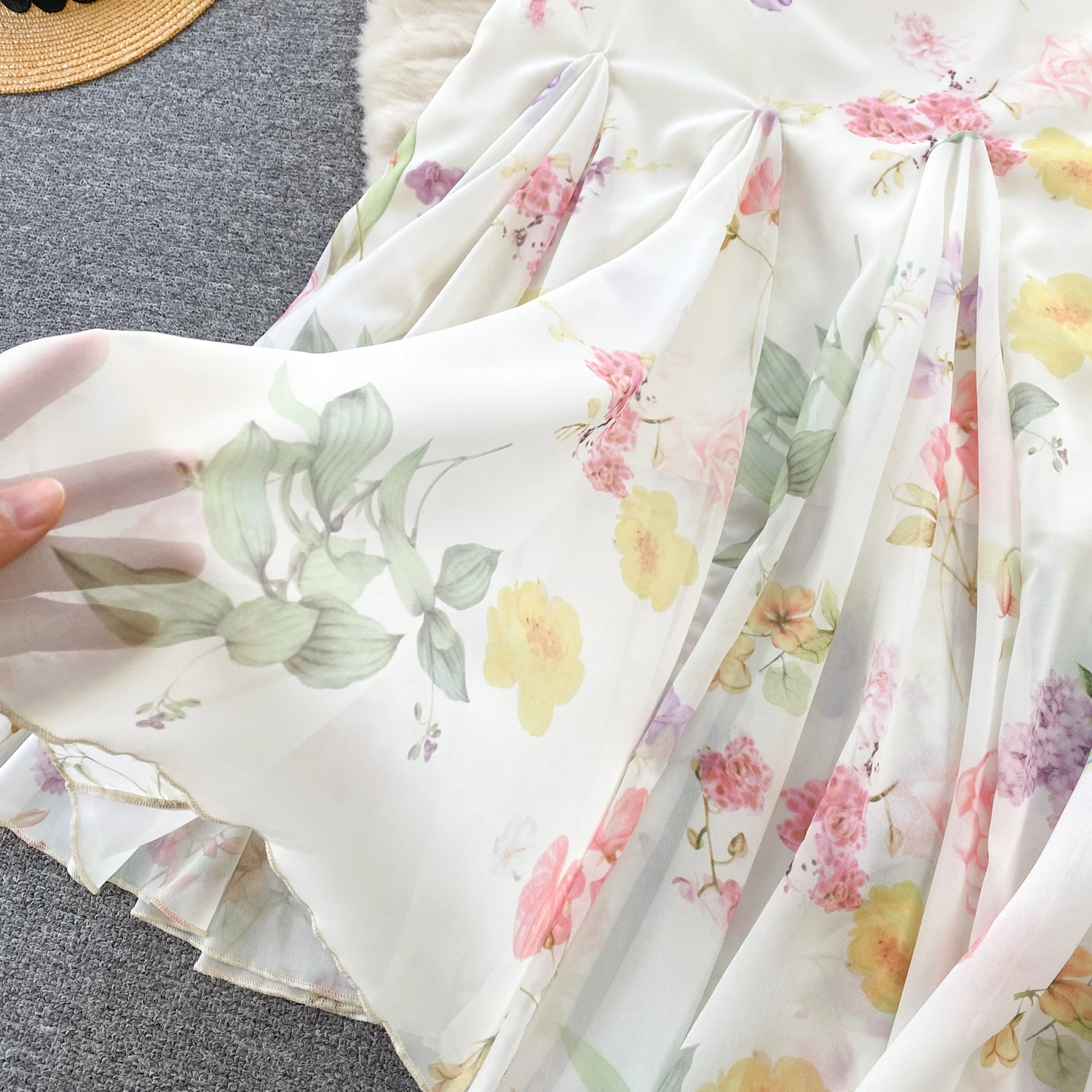 French Elegant Beach Dress New Women Sexy Floral Printed Slim Mid Length Ruffled Party Dresses Ladies Summer Long Robe