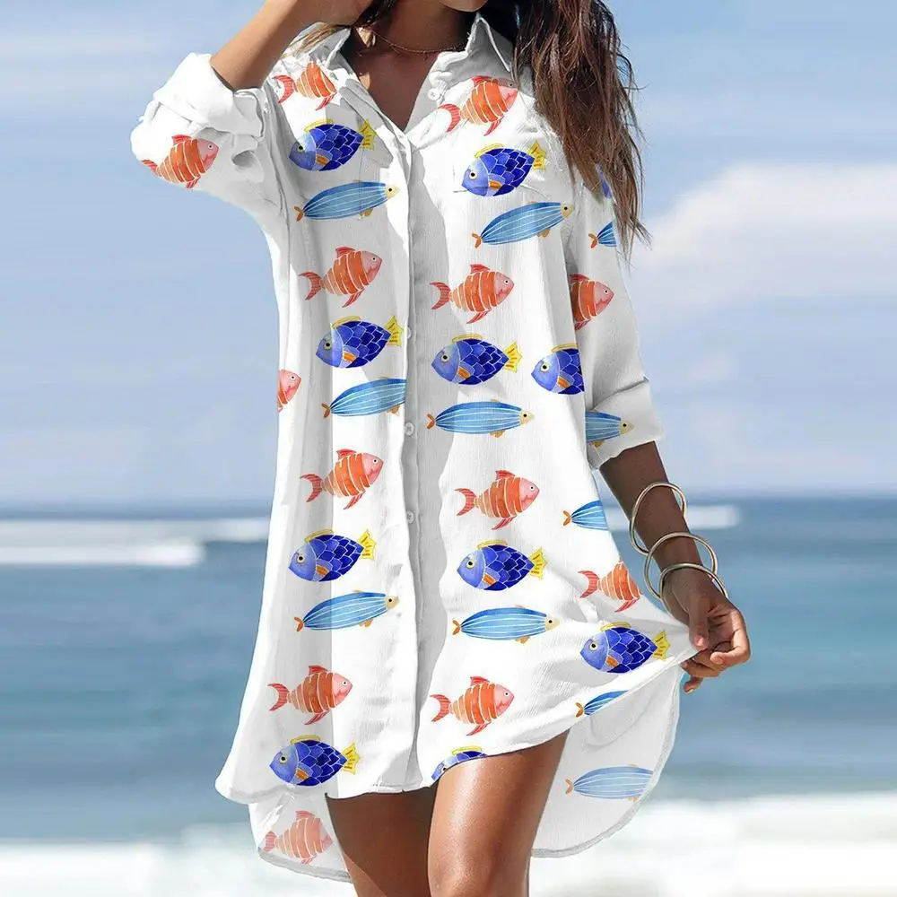 Summer Woman's New Printed Shirt Dresses Fashion Single Breasted Lapel Pocket Women Long Sleeve Casual Loose Holiday Shirt Dress black dress Dresses