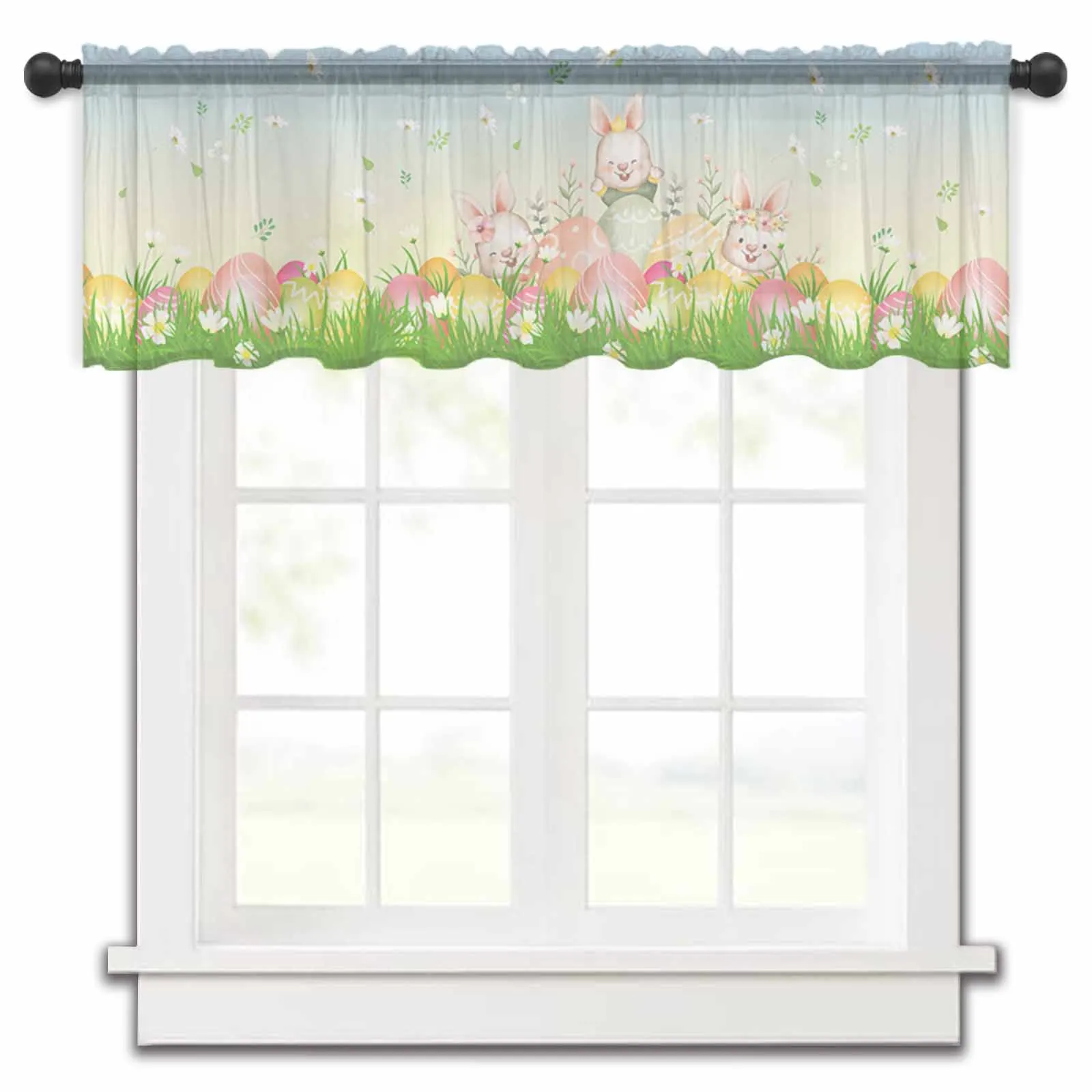 

Flower Rabbit Egg Grass Cartoon Easter Kitchen Curtains Tulle Sheer Short Curtain Living Room Home Decor Voile Drapes