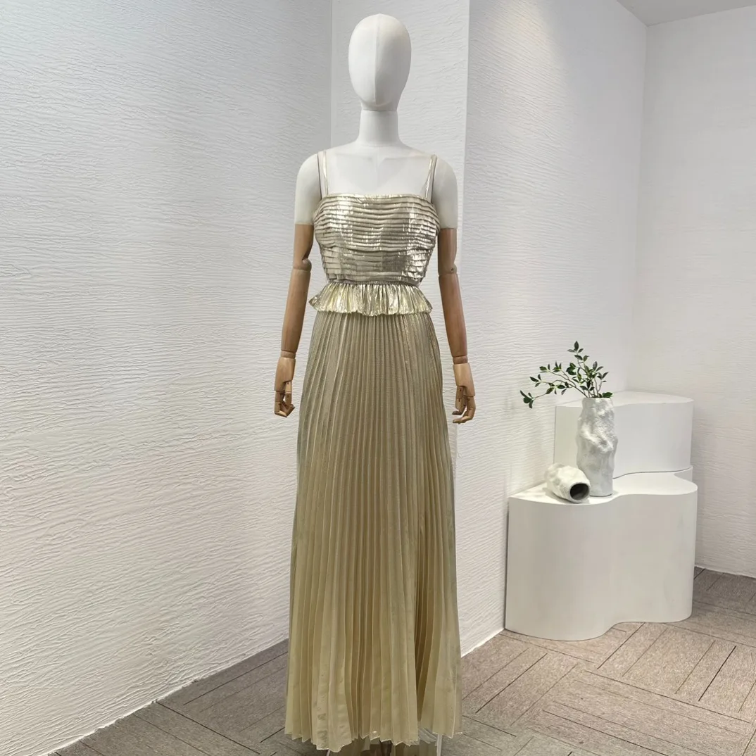 

Champagne Gold Sleeveless Flouncing Ruffle Ruched Tube Maxi Dress 2024 New Arrival Spring Summer High Quality Clothing