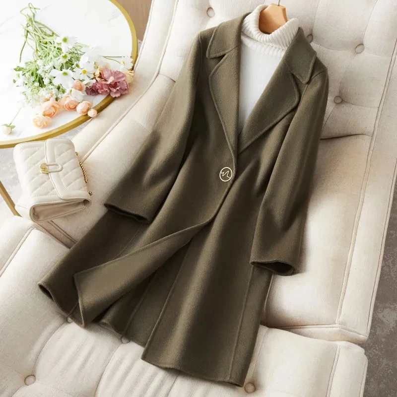 2024 New Autumn Winter Wool Coat Women Jacket Double-sided Tweed Cashmere Camel Overcoat Casual Blend Black Outerwear Female