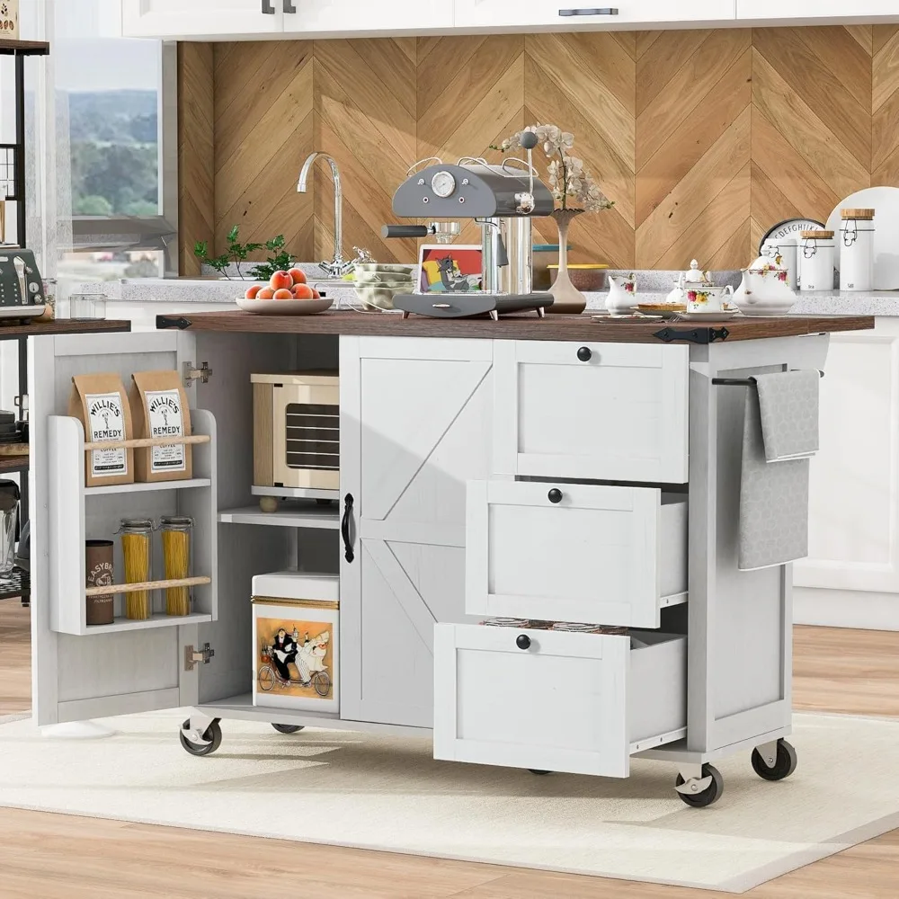 54.5"  Mobile Kitchen Island with Power Outlet, Drop Leaf, Spice Rack and Drawer - Rolling Kitchen Cart with Ample Storage 2