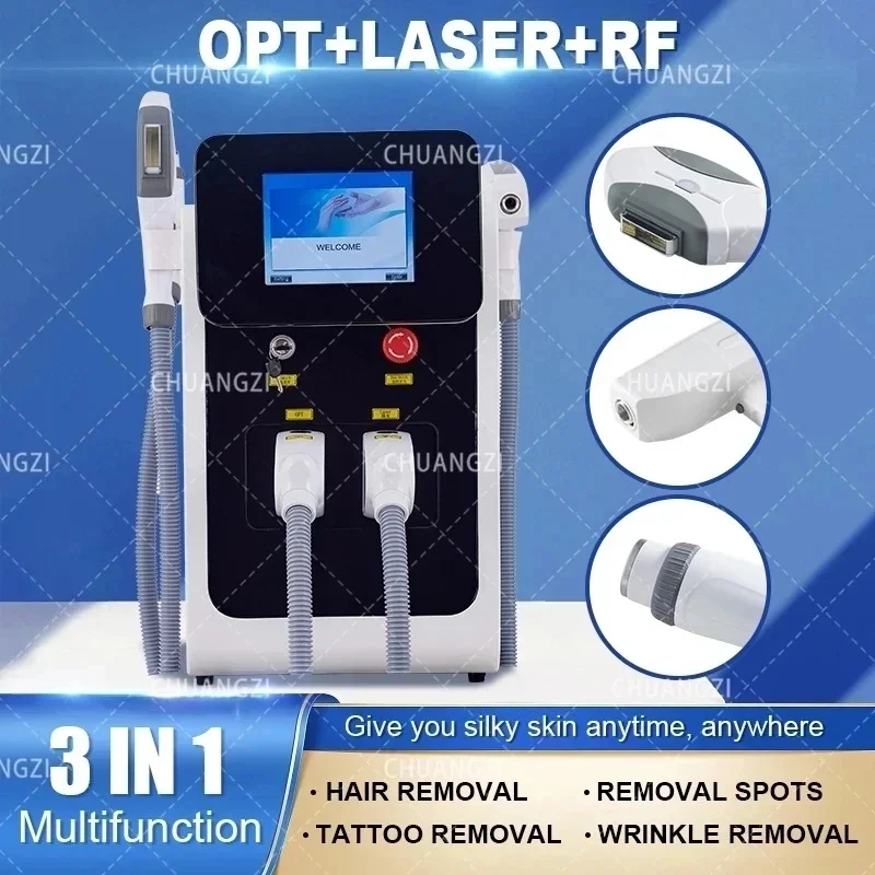 OPT IPL diode laser three in one hair removal machine, facial wrinkle removal, blood vessel tattoo pigment removal