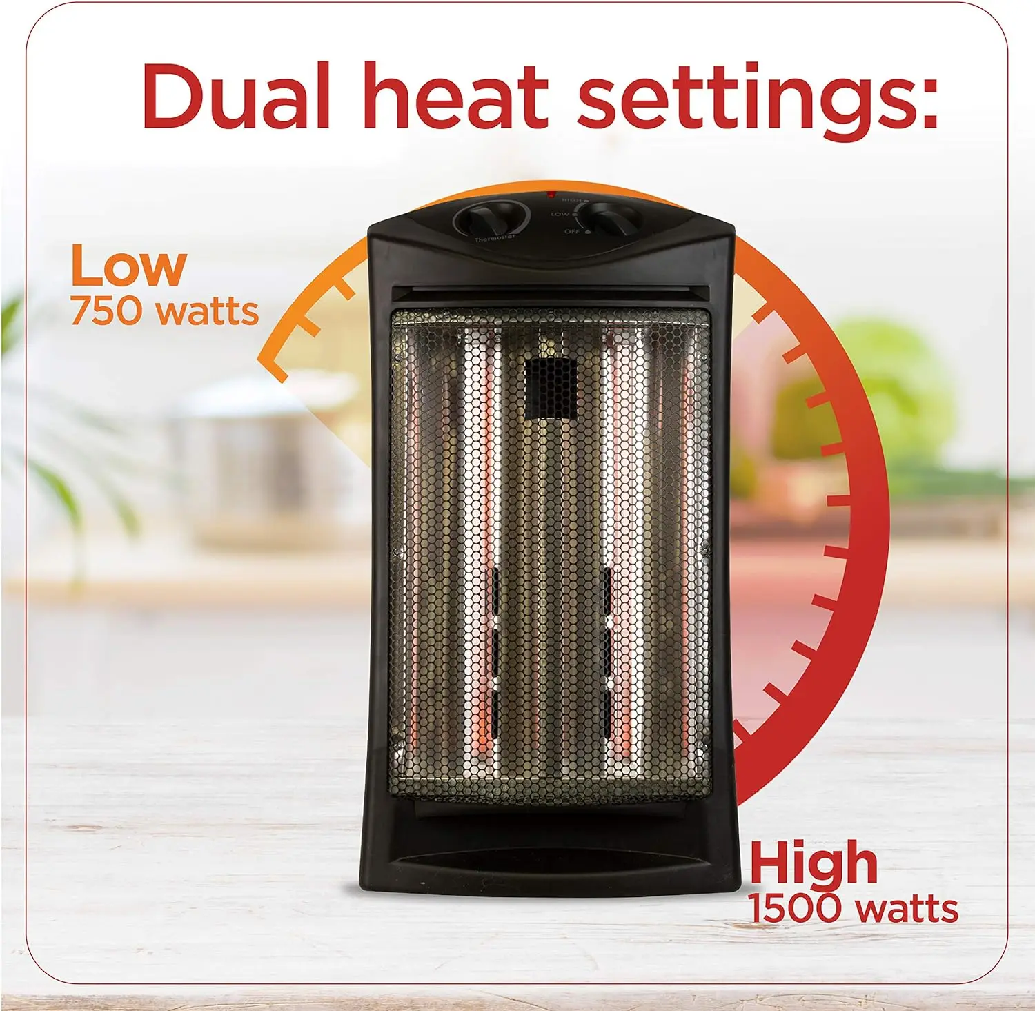 

Heater, Quartz Heater with 2 Settings, 1500W, Black, 1 Piece