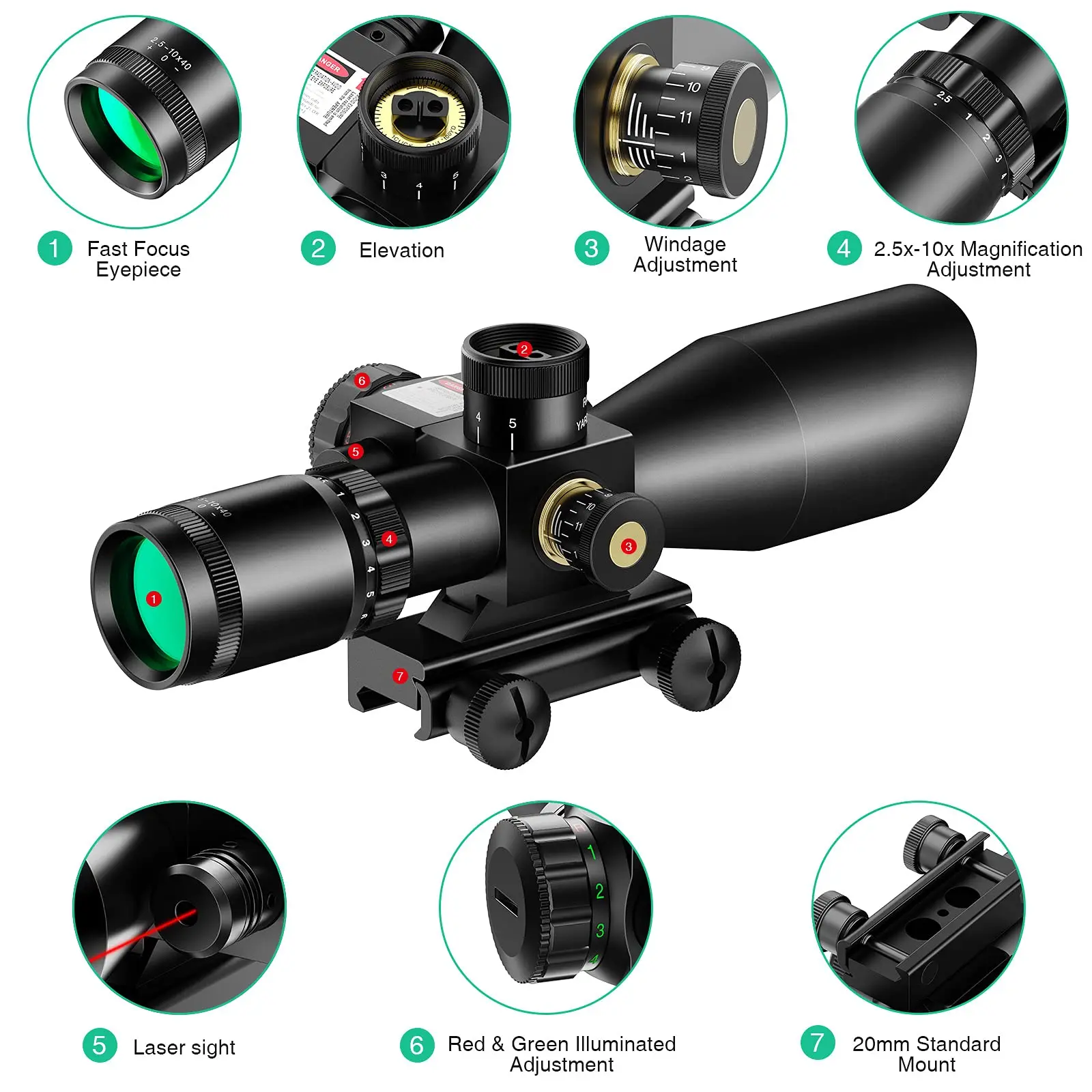 MidTen 2.5-10x40 Red Green Illuminated Mil-dot Scope 20mm Picatinny Fit Rifle with Laser Sight Combo-Green Lens Color Mounts
