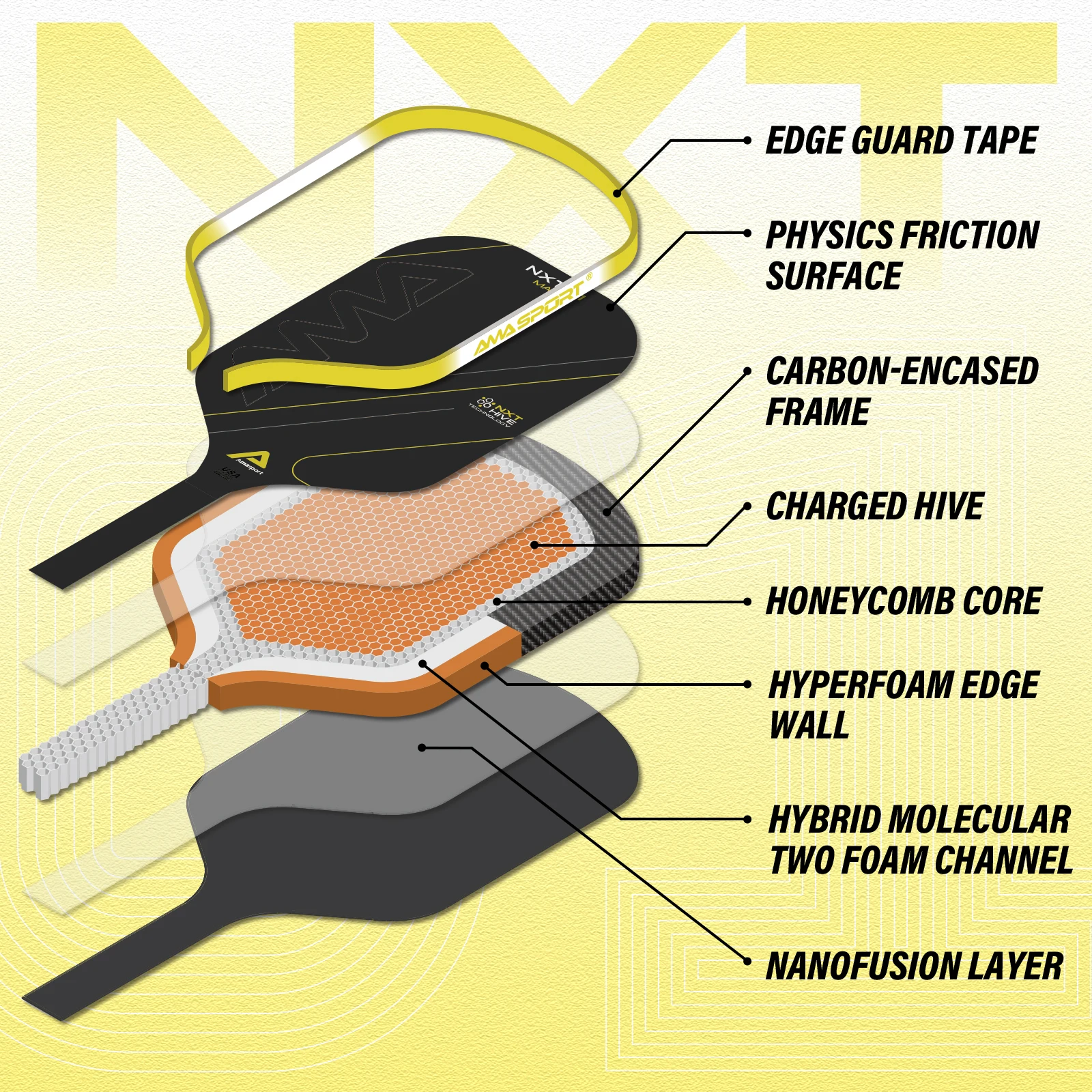Pickleball Paddle 16MM AMASPORT NXT01 MAX Raw Carbon Fiber Charged Hive Core USAPA Compliant Approved Power & Control