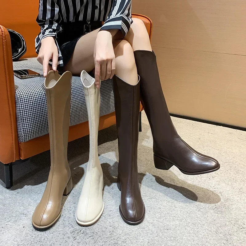 여성용 무릎 높이 부츠, 두꺼운 힐, 여성용 롱 슬립, 가을 신발, 길이 34-43 하이 퀄리티, 2024 신상 패션