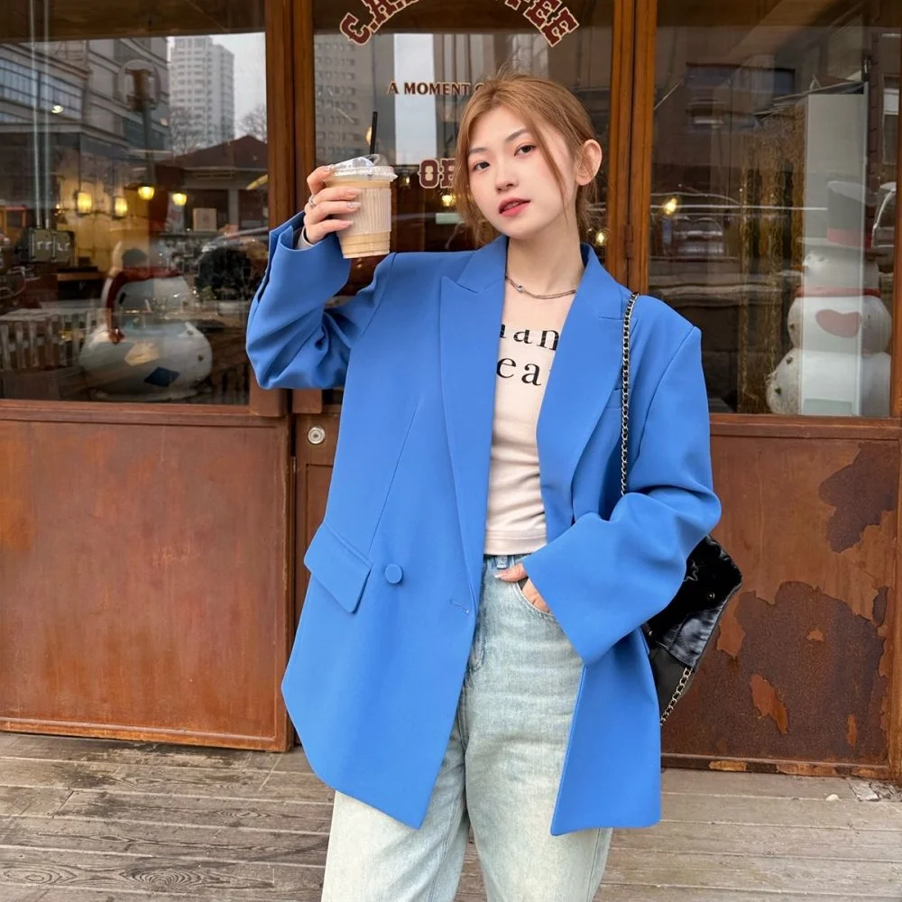 Spring New Korean Style Blazer for Women Loose Blue Casual Suit Top Female Retro Double-breasted Suit Coat пиджак женский 여성 자켓