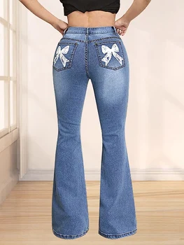 Women s High Waist Flare Jeans with Embroidered Floral Detailing Vintage Bell Bottom Denim Pants Stylish Long Trousers 3