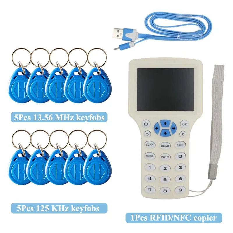 RFID Reader Writer RFID Copier: English 10 Frequency NFC RFID Scanner for  IC ID Cards, Suitable for All 125Khz Key Fobs and 13.56Mhz UID CUID Cards