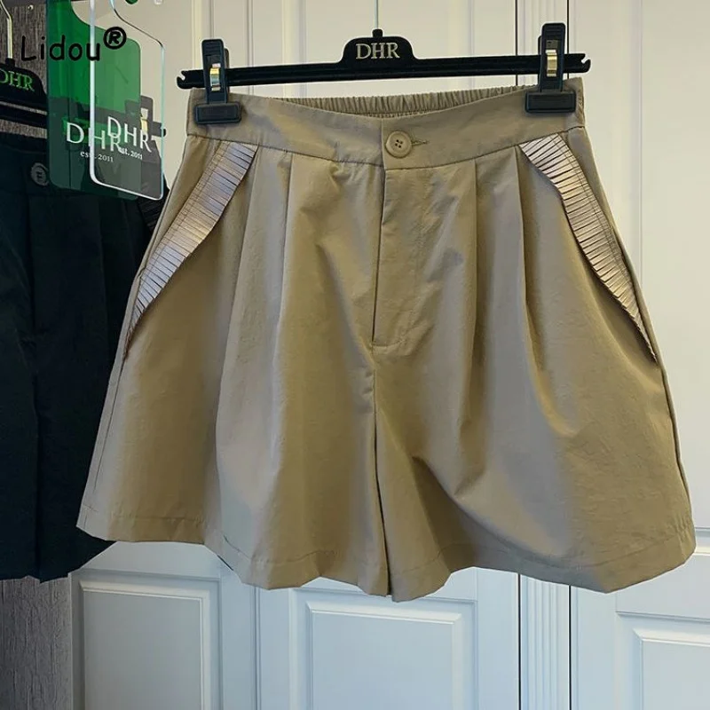 Casual Trend Solid Color Wide Leg Pockets Shorts Summer Women's Clothing Loose All-match Elastic High Waist Pants for Female