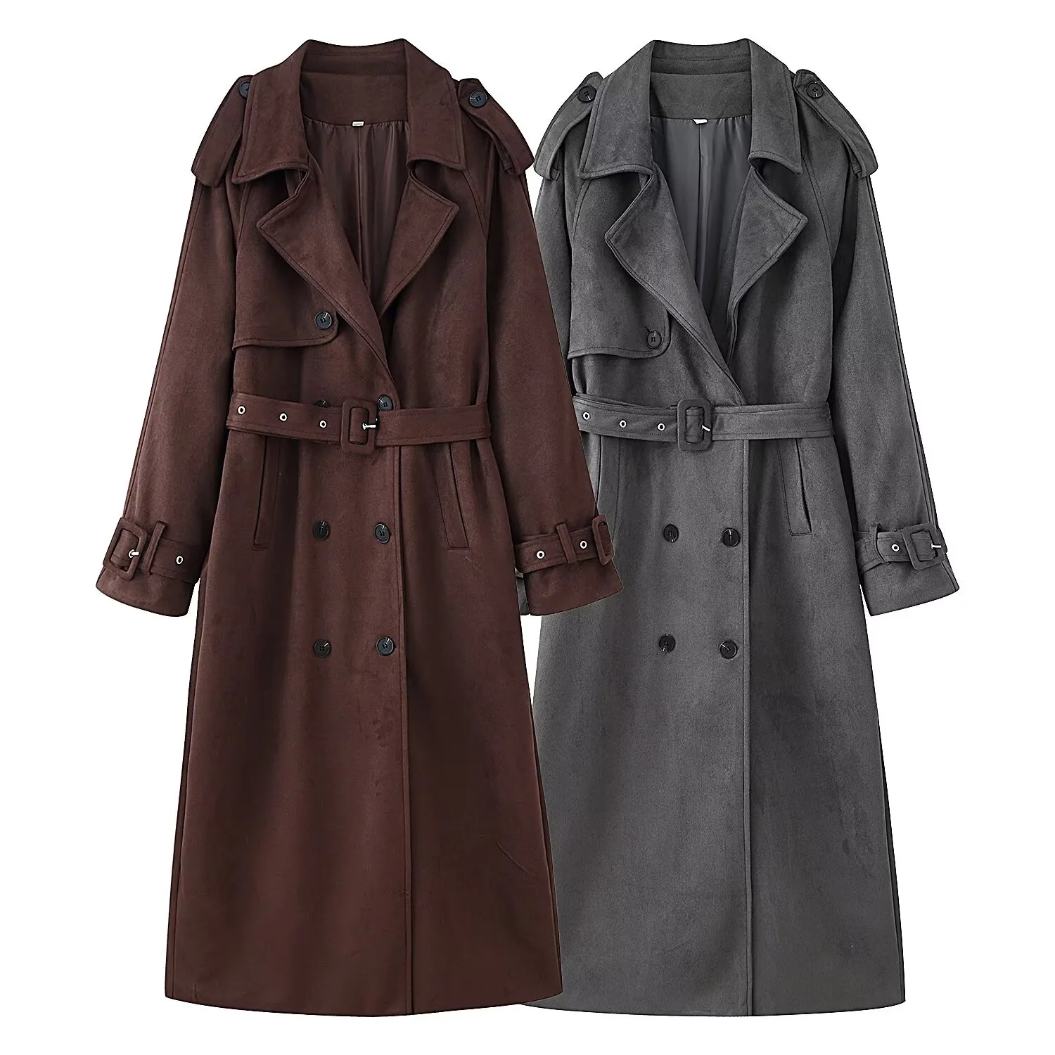 Women Retro Solid Suede Long Trench Coat With Belt Lapel Double-Breasted Jacket With Pockets Autumn Winter New Lady Long Outwear