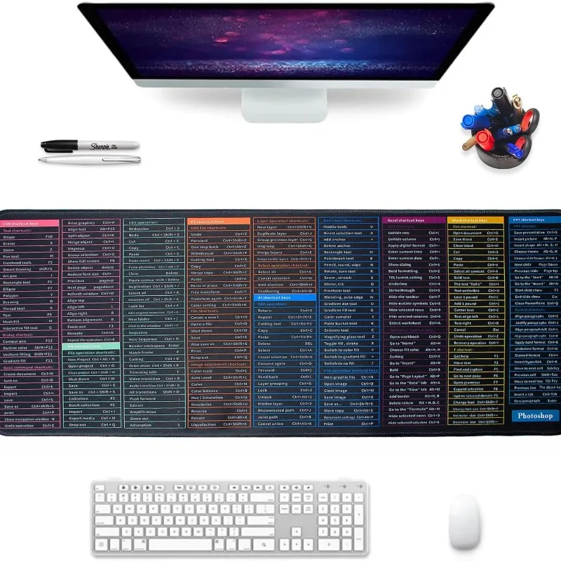 Anti-Slip Keyboard Mouse Pad, Super Large for Office Software Shortcuts Pattern, Desk Computer Pad, Cheat Sheet Desk Pads