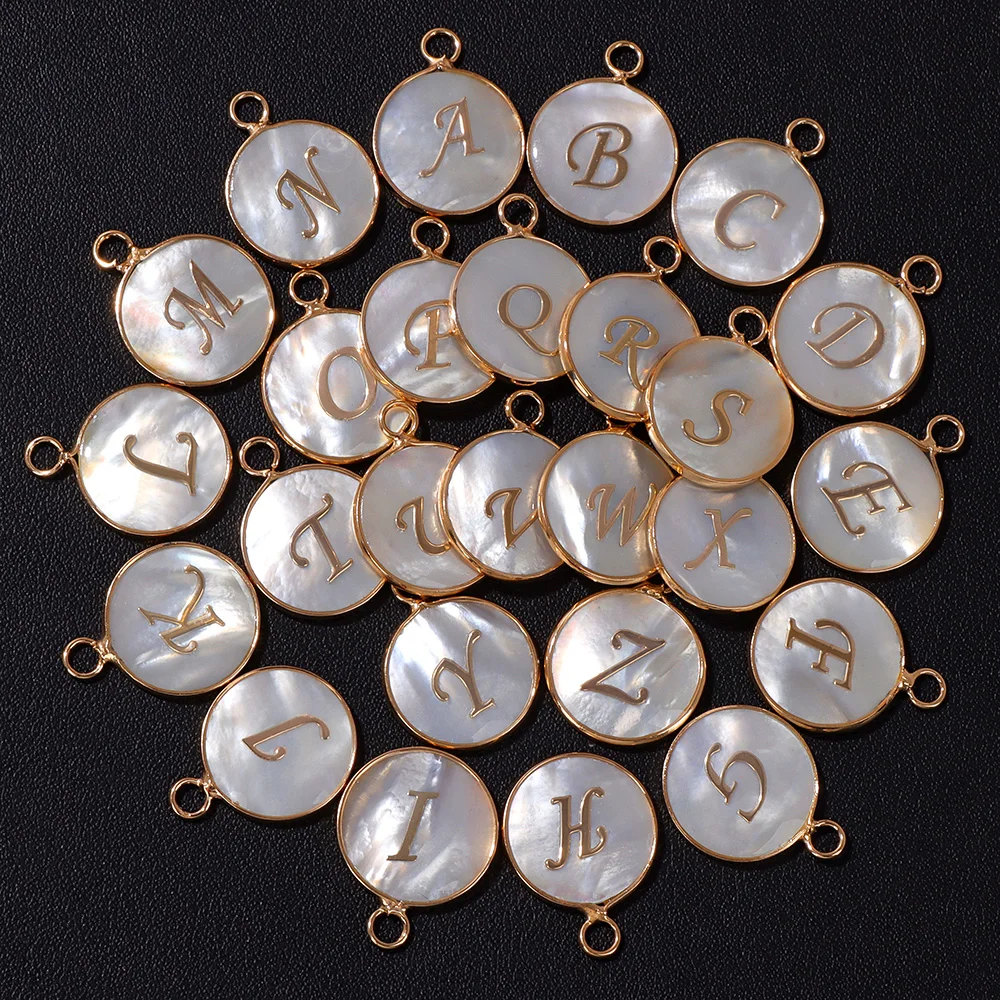 Fashion 26/set Letter Pendant Round Mother of Pearl Shell Alphabet Charm for Jewelry Making Necklace Earring Accessory Supplies