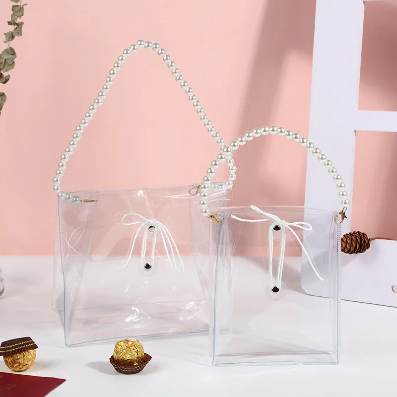 Wholesale Baby Birth Distributions Gifts Bags Transparent Wedding Gift Bags Guests Pvc Handle With Pearl Gifts Box 3