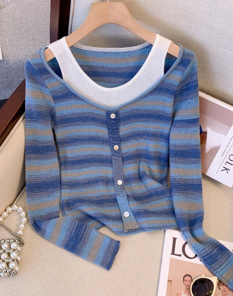 

Korean Chic Autumn Short Fake Two Piece Striped Long Sleeve Knitwear Pullover Women's Contrast Color Long Sleeve Sweater Top