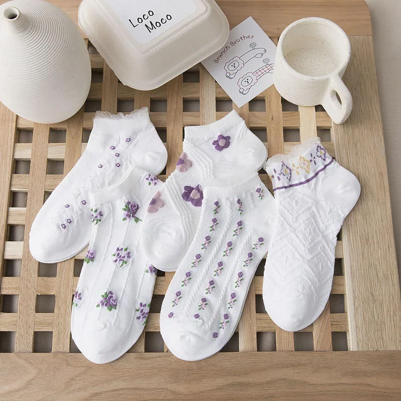 

Vintage Lace Spring Summer Woman Socks Small Floral Pack Ankle Socks Harajuku Kawaii Cute Casual Cotton Student Boat Socks SK31