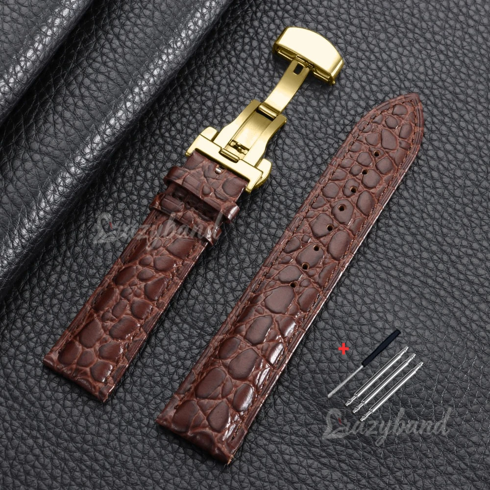Luxury Embossed Leather Watch Strap with Butterfly Clasp - Business Brown & Black Wristband