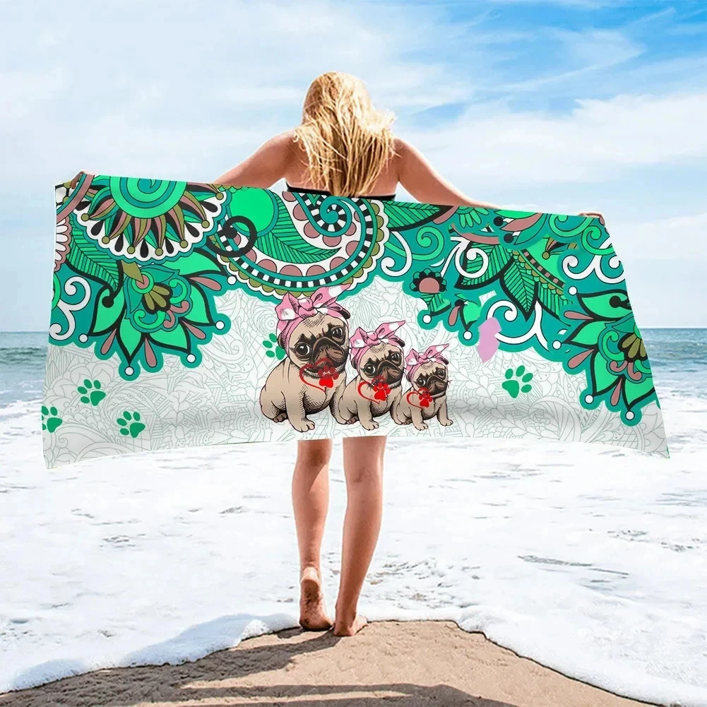 보헤미안 말 강아지 꽃 프린트 비치 타올, 빠른 건조, 부드럽고 귀여운 목욕, 여름 수영, 피트니스, 요가, 스포츠, 어린이용 수영장 타올