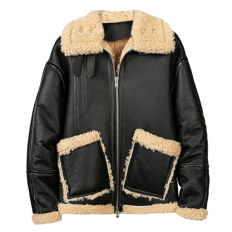 

Black Winter Shearling Jacket Men Casual Style Plus Size 3XL Natural Thick Sheepskin Warm Double Pockets Genuine Leather Coat