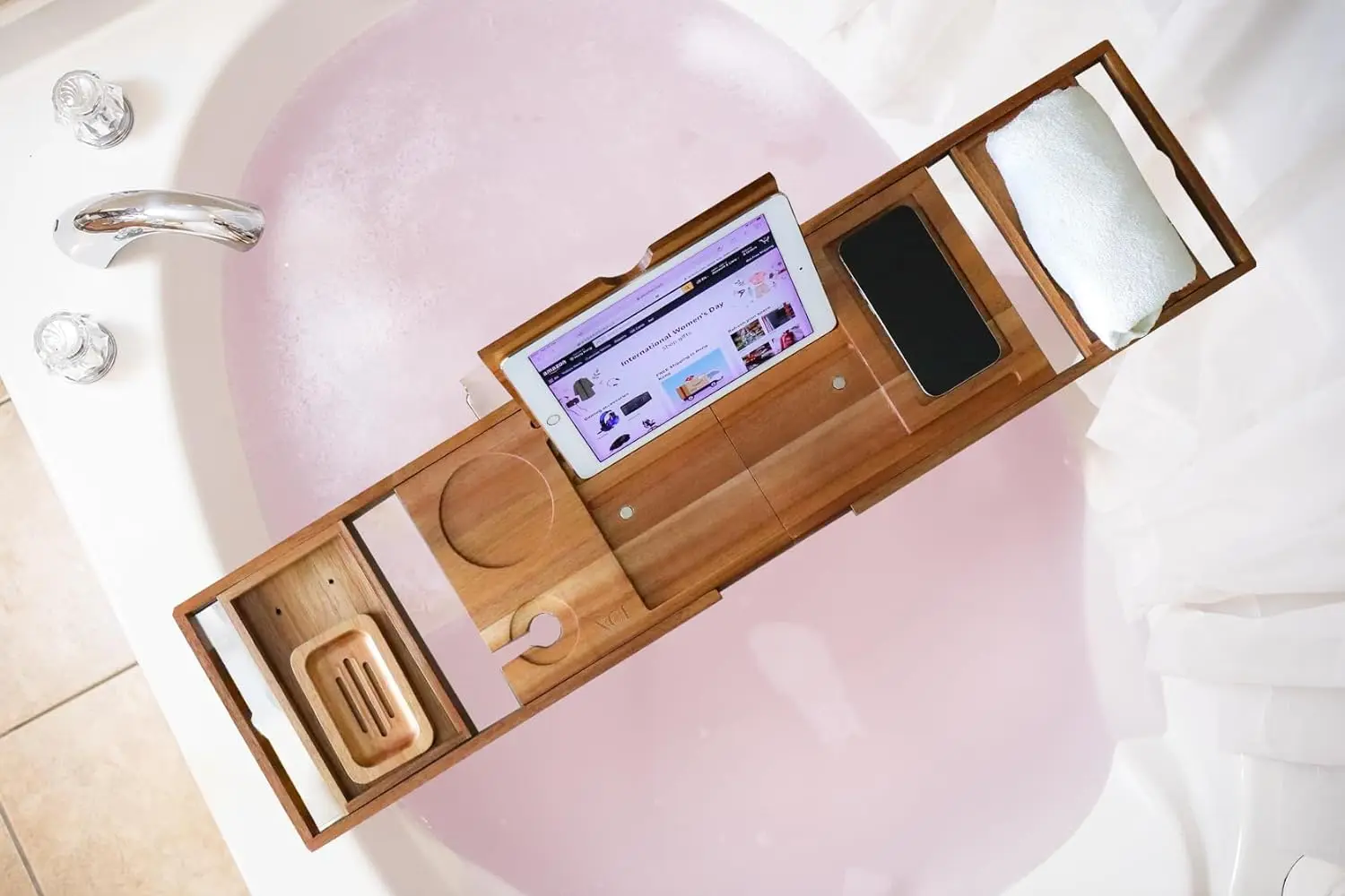 Foldable Bathtub Tray Expandable to 105cm for Luxury Bath, Bath Tray for Bathtub (Acacia Wood)