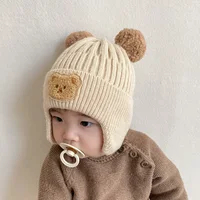 Bear Baby Winter Hat Gloves Set Pompom Infant Bonnet Knitted Kids Beanie with Earflaps Toddler Cap Baby Accessories 1-3Y 3