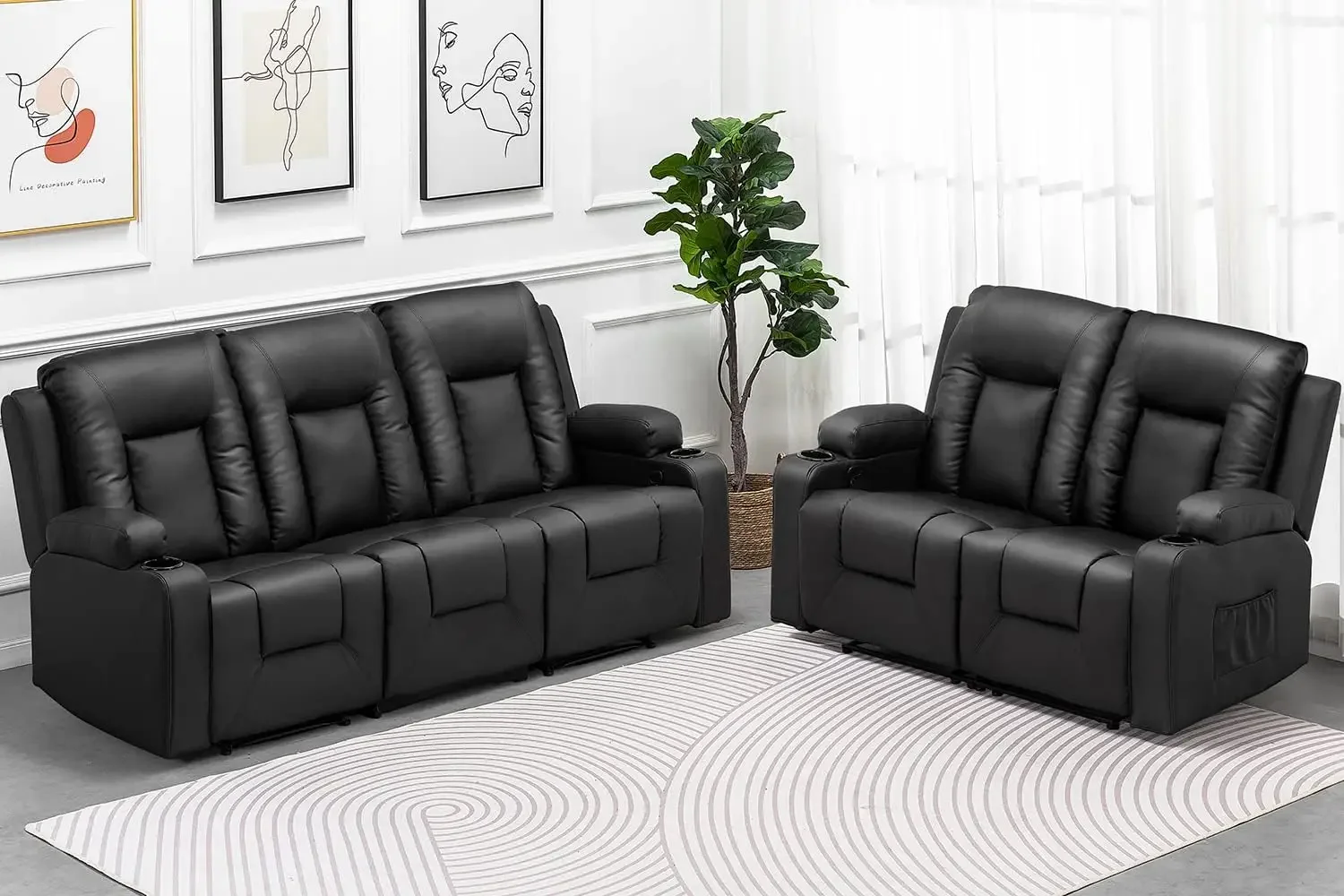 Recline Chair Set,Furniture 2PC Bonded Leather Recliner Set Living Room Set Sofa Loveseat BlackLiving Room Set 3+2